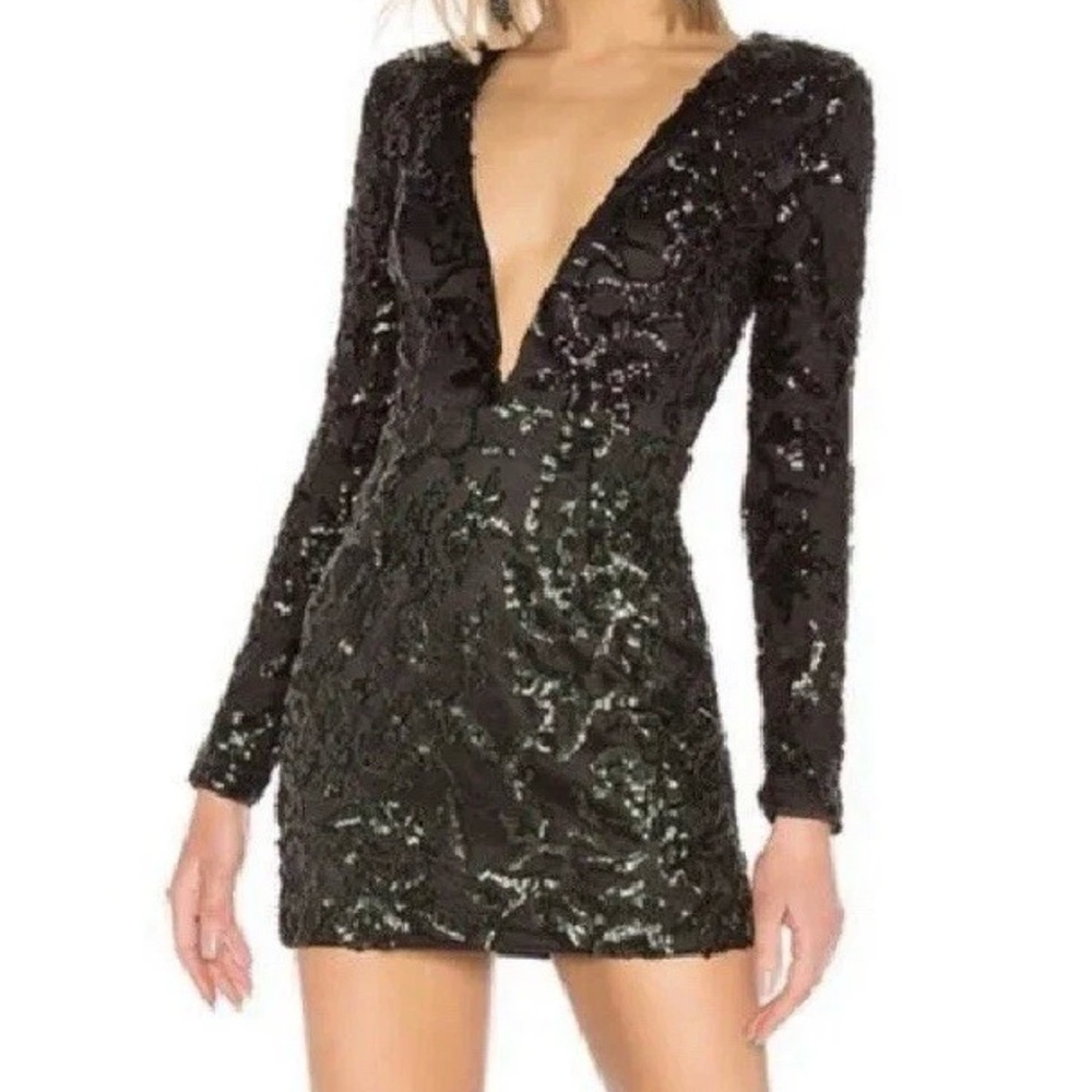 Revolves NBD Green Black‎ Sequin Plunge Mini Cocktail Party Dress Medium NWT